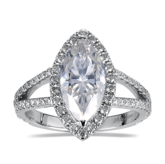 Eco-395: 光の翼 – ラボグロウンマーキスダイヤモンドハローリング（18Kホワイトゴールド） 