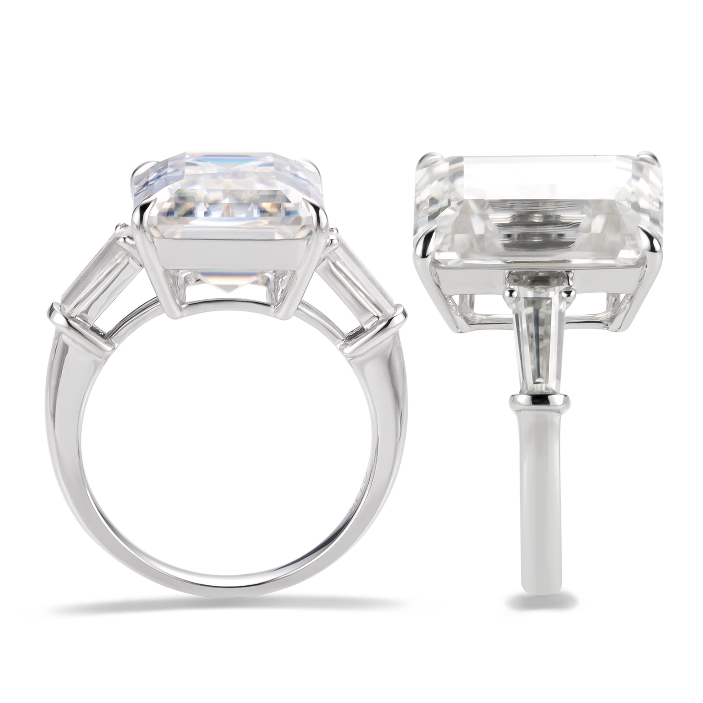 Eco-400: Gracia Lineal – Anillo de tres piedras con diamantes de talla esmeralda cultivados en laboratorio en oro blanco de 18 quilates 