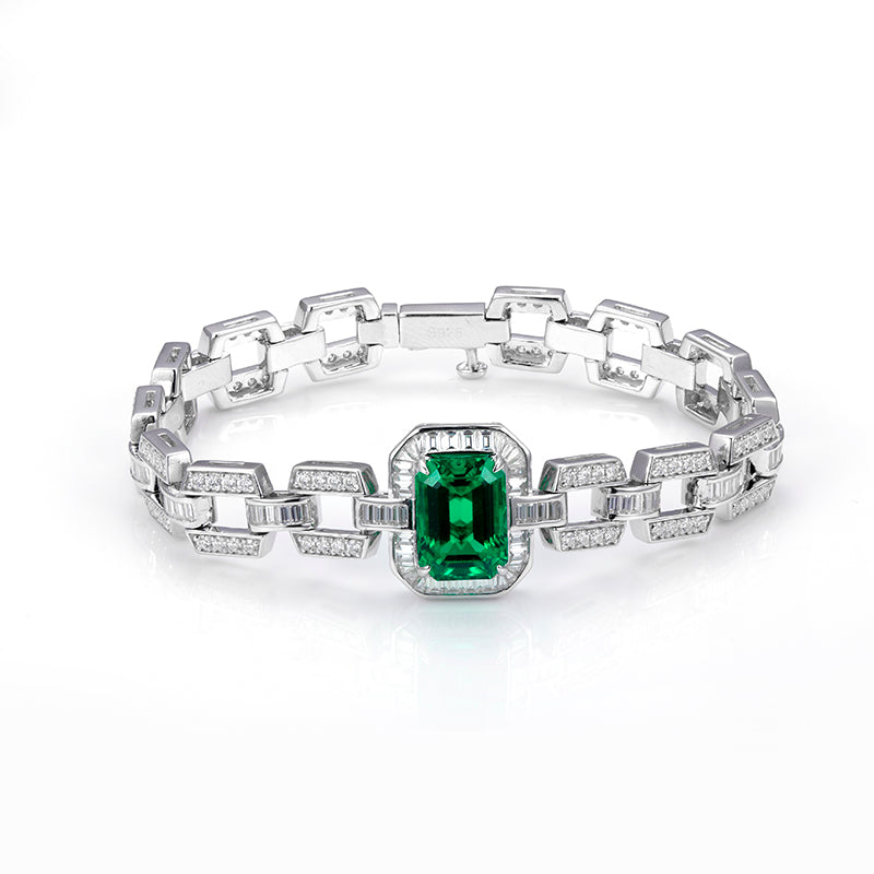 Ecob-589 “Verdant Axis” Lab-Grown Emerald &amp; Diamond Link Bracelet