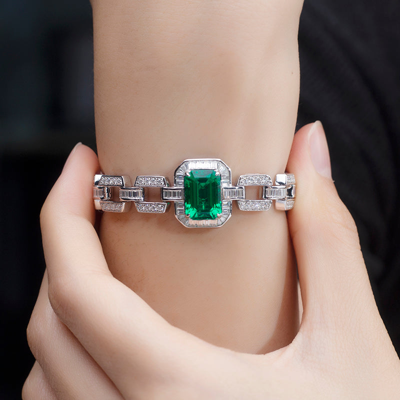 Ecob-589 “Verdant Axis” Lab-Grown Emerald &amp; Diamond Link Bracelet