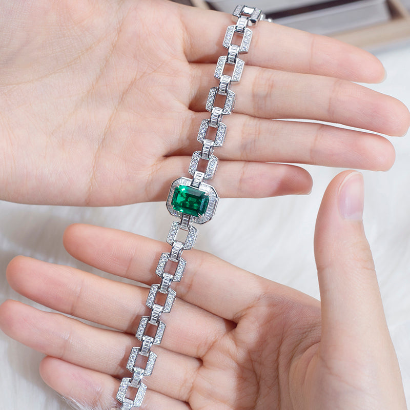 Ecob-589 “Verdant Axis” Lab-Grown Emerald &amp; Diamond Link Bracelet