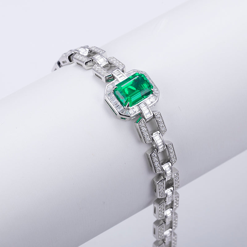 Ecob-589 “Verdant Axis” Lab-Grown Emerald &amp; Diamond Link Bracelet
