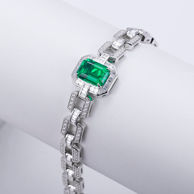 Ecob-589 “Verdant Axis” Lab-Grown Emerald &amp; Diamond Link Bracelet