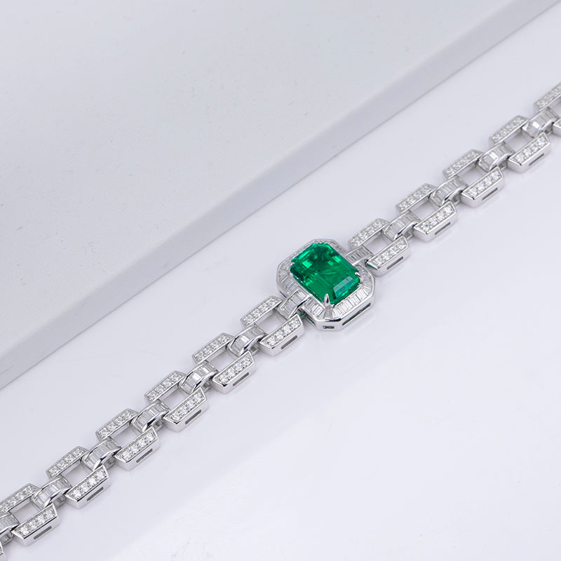 Ecob-589 “Verdant Axis” Lab-Grown Emerald &amp; Diamond Link Bracelet