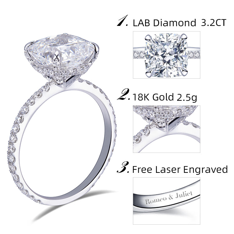 Eco-510: セレスティアルクッション – 18Kホワイトゴールドのラボグロウンダイヤモンドハローリング