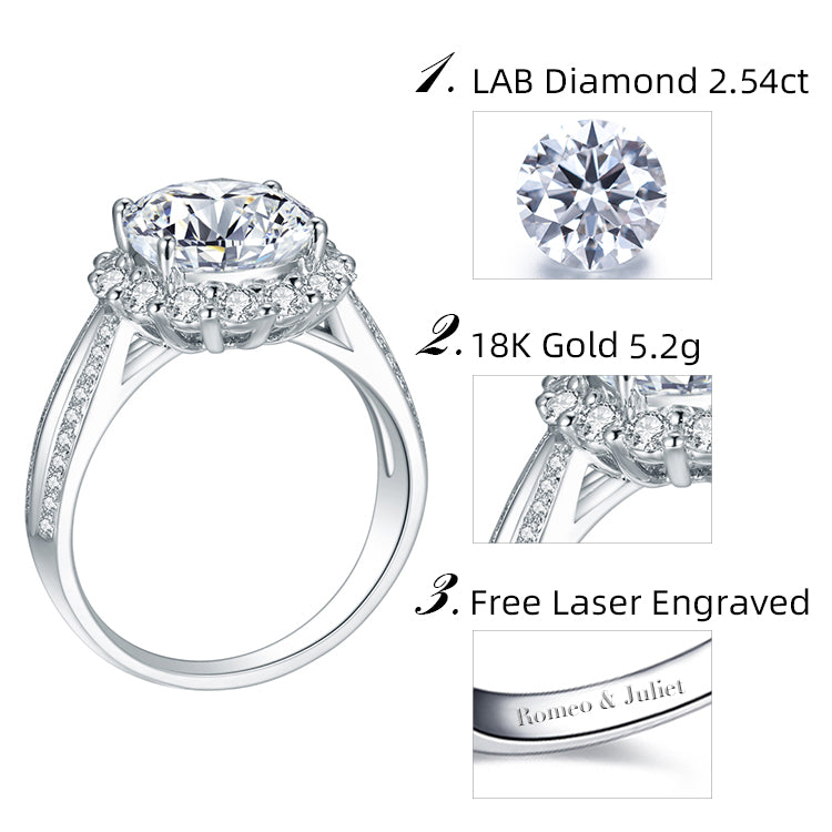 Eco-520: Stellar Bloom – Anillo con halo de diamantes redondos cultivados en laboratorio en oro blanco de 18 quilates 