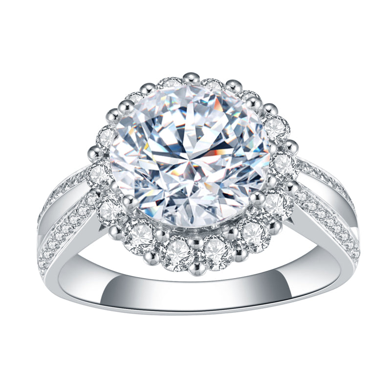 Eco-520: Stellar Bloom – Anillo con halo de diamantes redondos cultivados en laboratorio en oro blanco de 18 quilates 