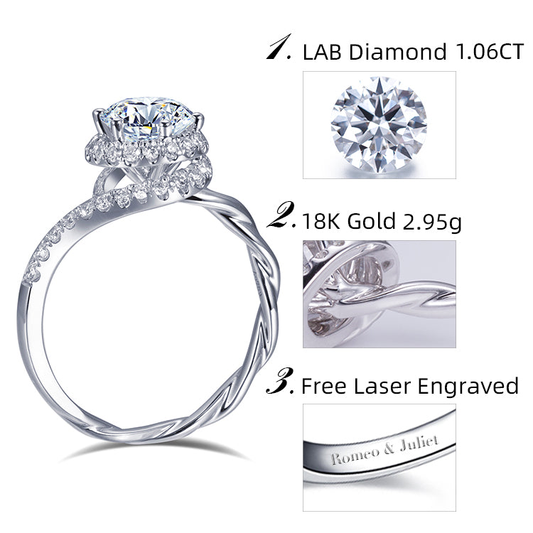 Eco-527: Twisted Light – Anillo con halo de diamantes redondos cultivados en laboratorio en oro blanco de 18 quilates 