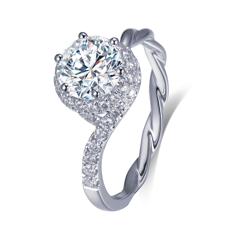 Eco-527: Twisted Light – Anillo con halo de diamantes redondos cultivados en laboratorio en oro blanco de 18 quilates 