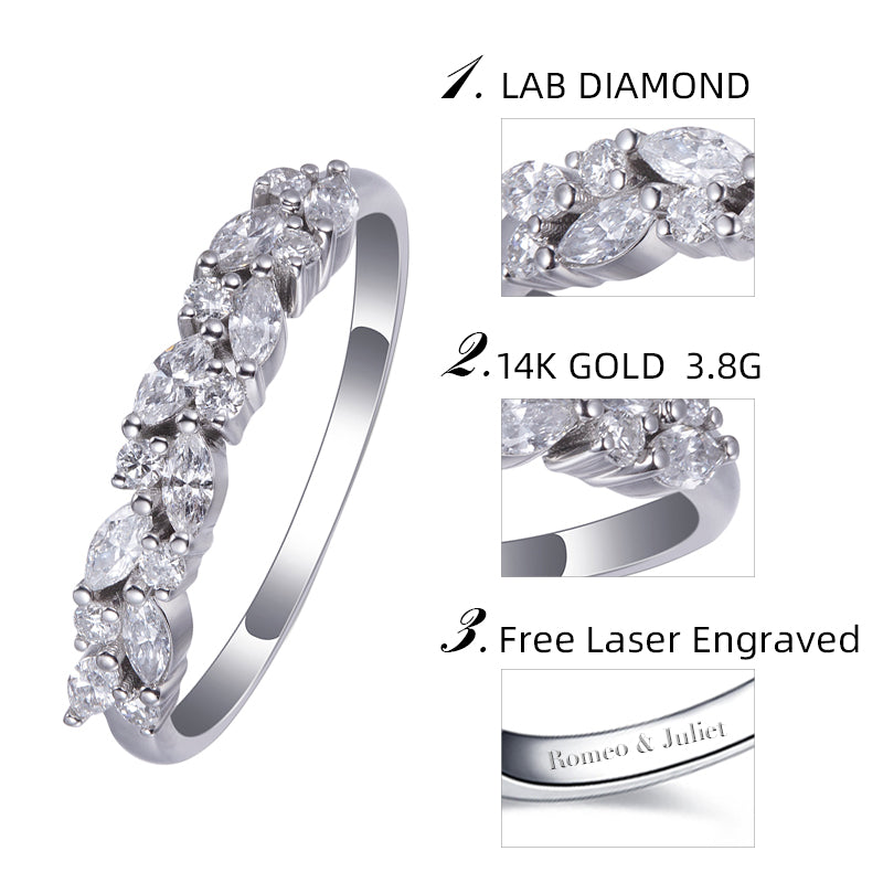 Eco-545: Petal Radiance – Alianza de eternidad con diamantes redondos y talla marquesa cultivados en laboratorio en oro blanco de 18 quilates 