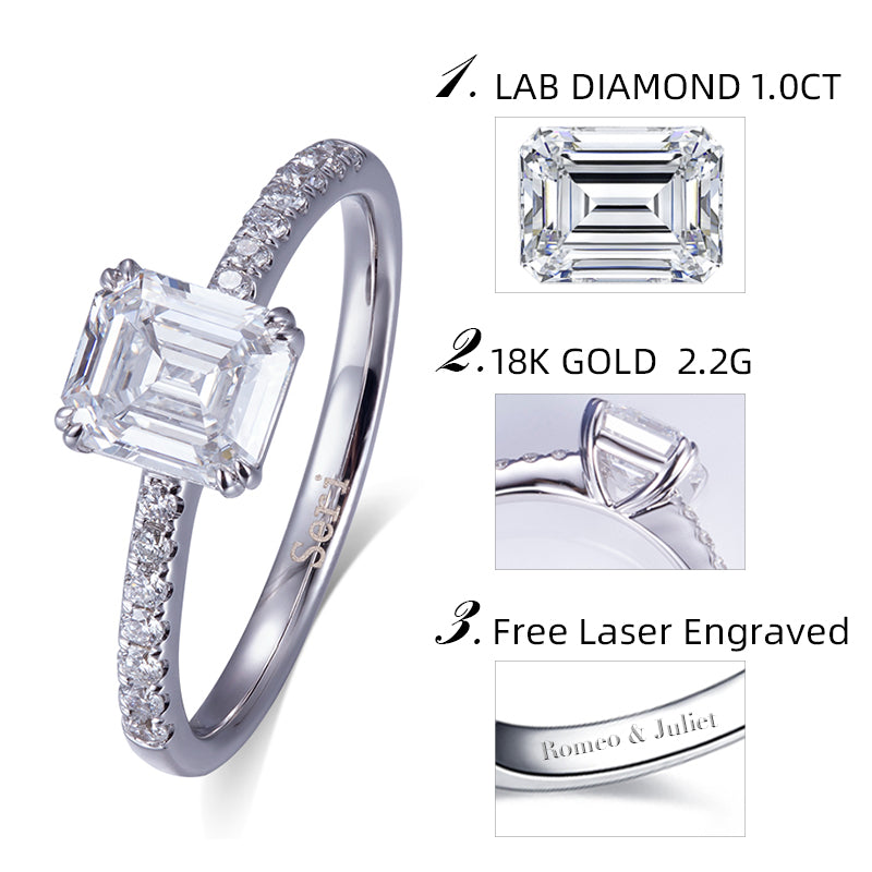 Eco-564: Prisma de Gracia – Anillo con pavé de diamantes y esmeralda cultivada en laboratorio en oro blanco de 18 quilates 