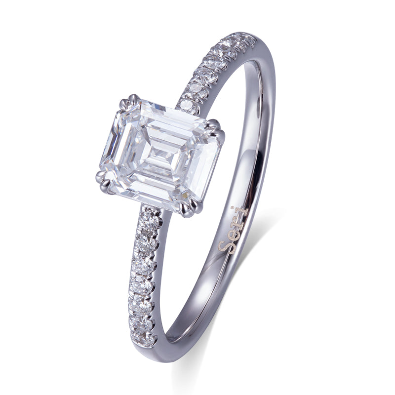 Eco-564: Prisma de Gracia – Anillo con pavé de diamantes y esmeralda cultivada en laboratorio en oro blanco de 18 quilates 