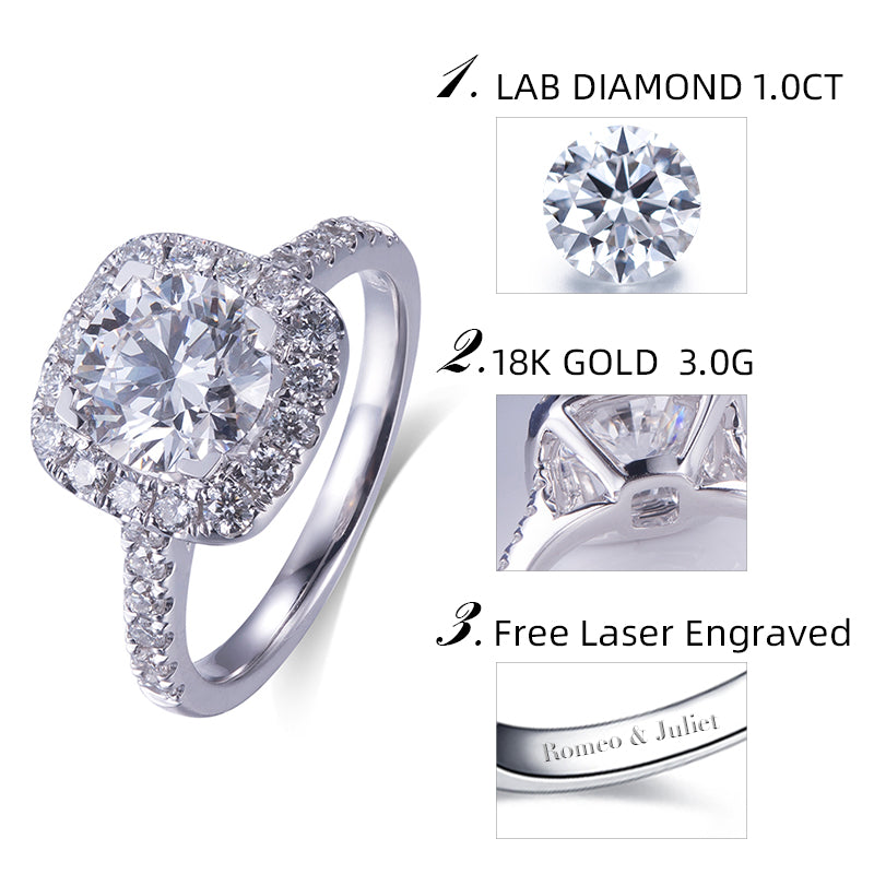 Eco-572: Halo Embrace – Anillo con halo de diamantes redondos cultivados en laboratorio en oro blanco de 18 quilates.