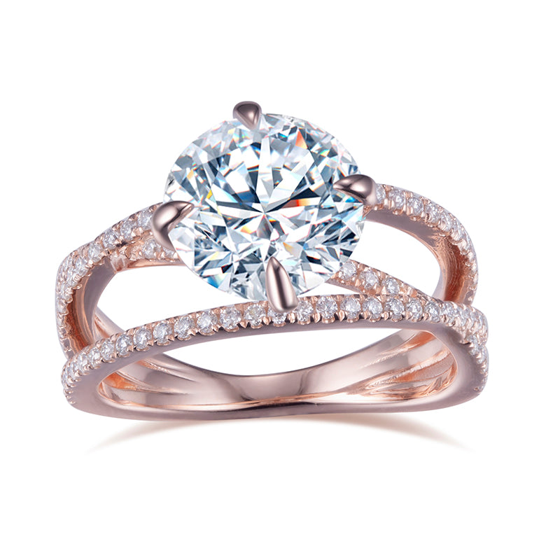 Eco-595: Radiant Bloom – Anillo de diamantes redondos cultivados en laboratorio con cuerpo dividido en oro rosa de 18 quilates 