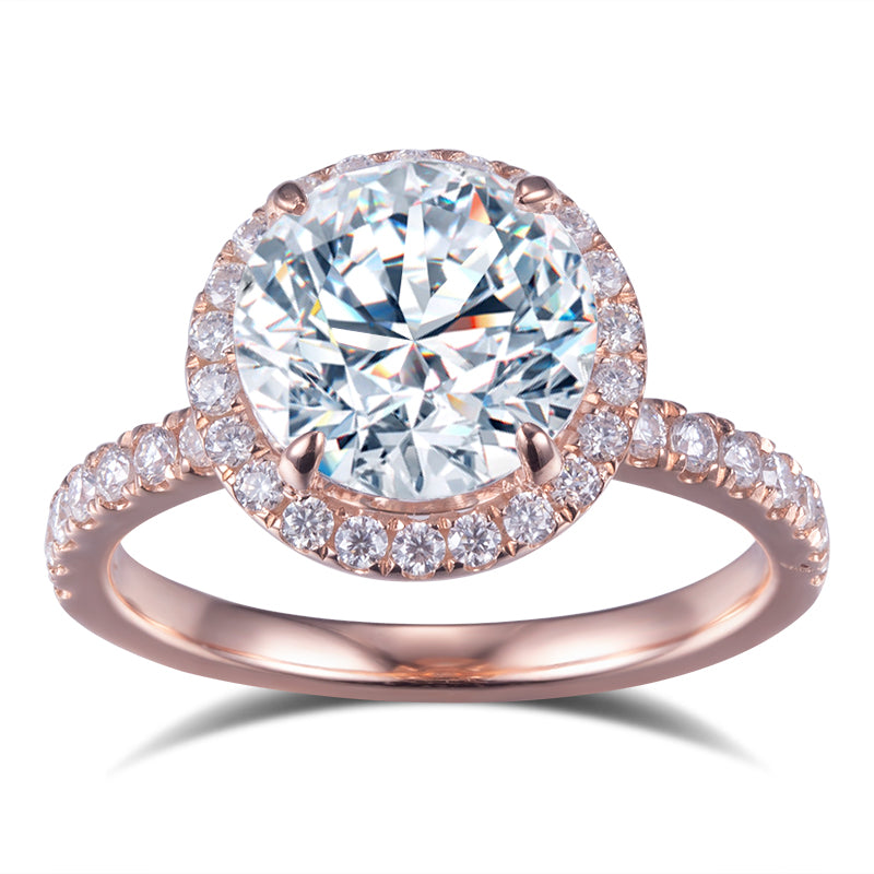 Eco-597: Halo ruborizado – Anillo de diamantes redondos cultivados en laboratorio en oro rosa de 18 quilates 