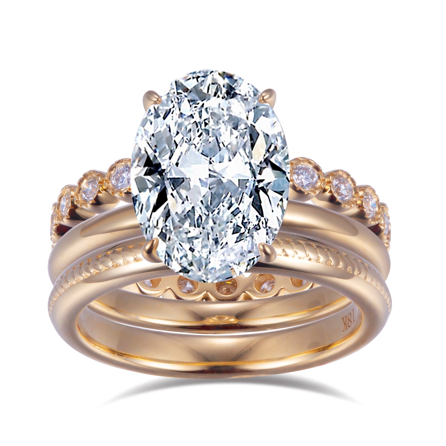 Eco-629: ゴールデントリロジー – ラボグロウンオーバルダイヤモンドブライダルセット（18Kイエローゴールド） 