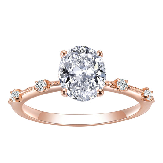 Eco-632: Rose Horizon – Anillo con acento de diamante ovalado cultivado en laboratorio en oro rosa de 18 quilates 