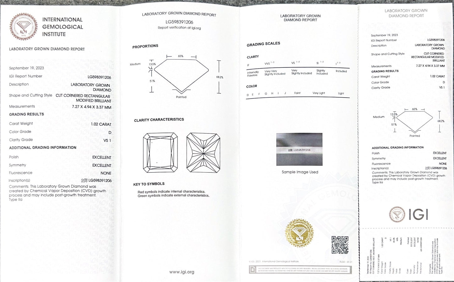 Radiant D VS1 EX EX 1.02ct CVD Lab Grown Diamond with IGI Certificate LG598391206
