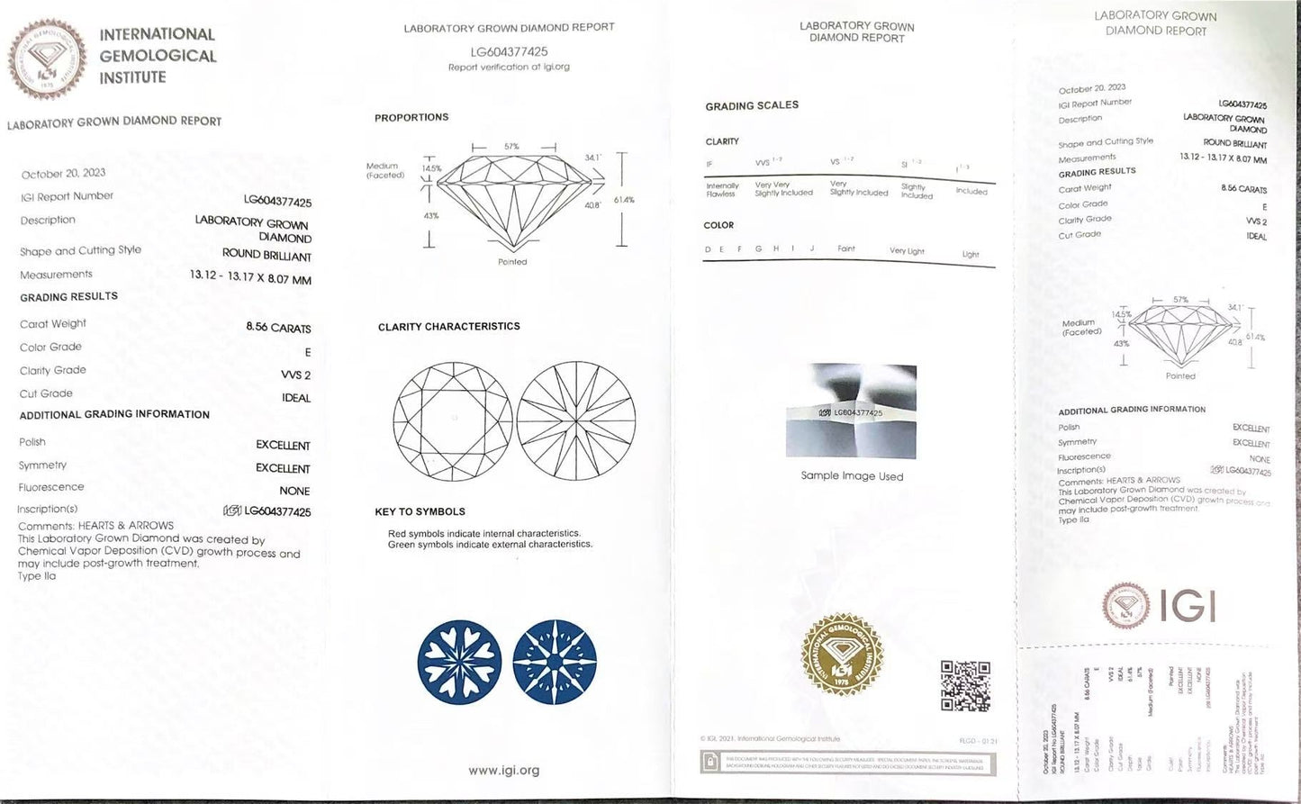 Round Cut 8.56ct E VVS2 CVD Lab Grown Diamond IGI Certificate LG604377425
