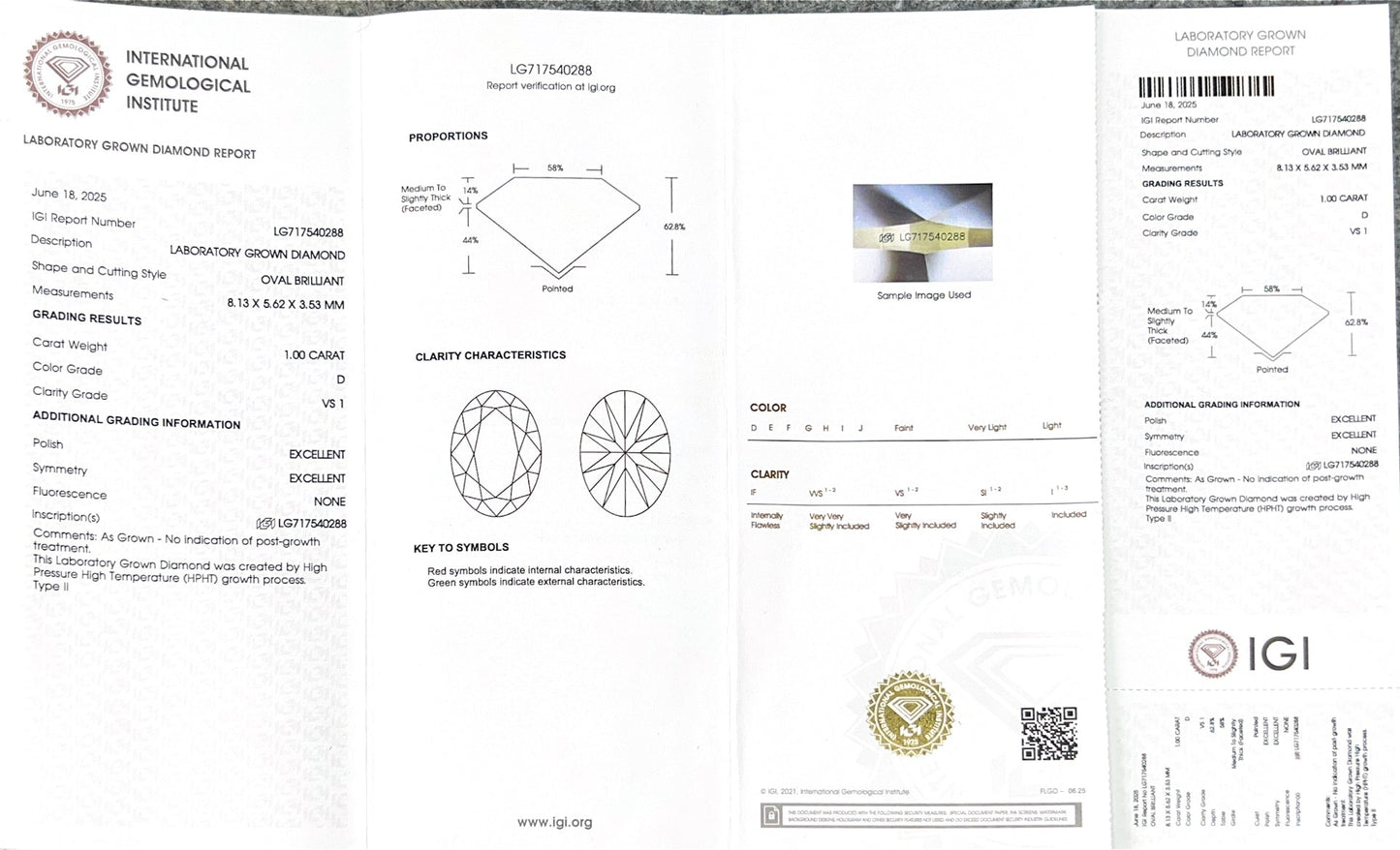 Oval Brilliant D VS1 EX 1ct HPHT Lab Grown Diamond with IGI Certificate LG717540288
