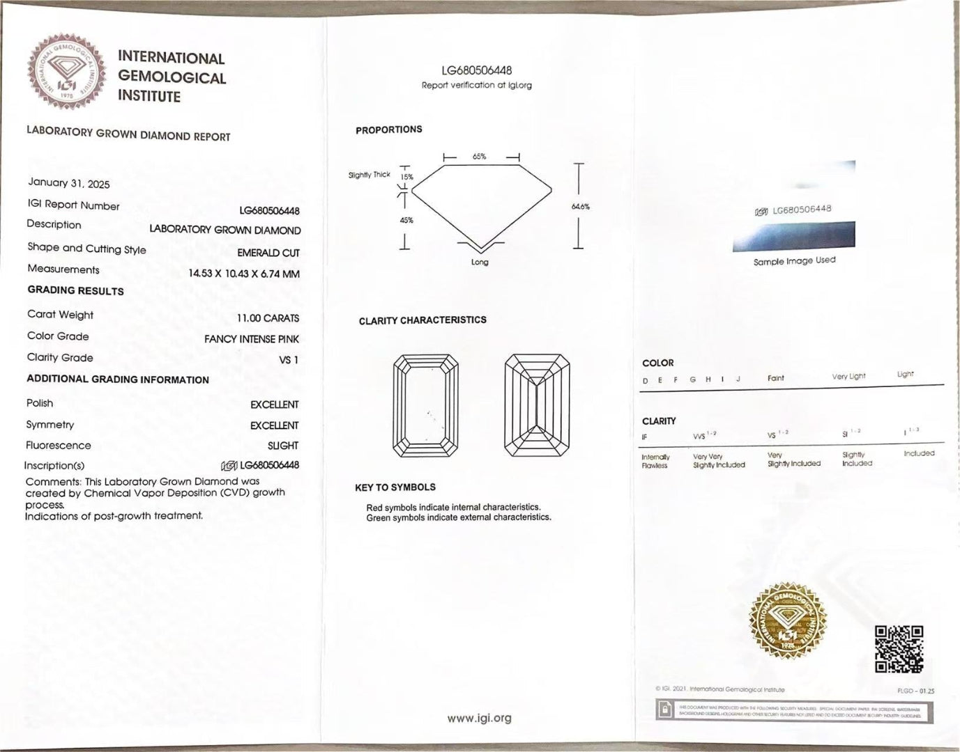 Emerald Cut 11ct Fancy Intense Pink VS1 CVD Lab Grown Diamond IGI Certificate LG 680506448