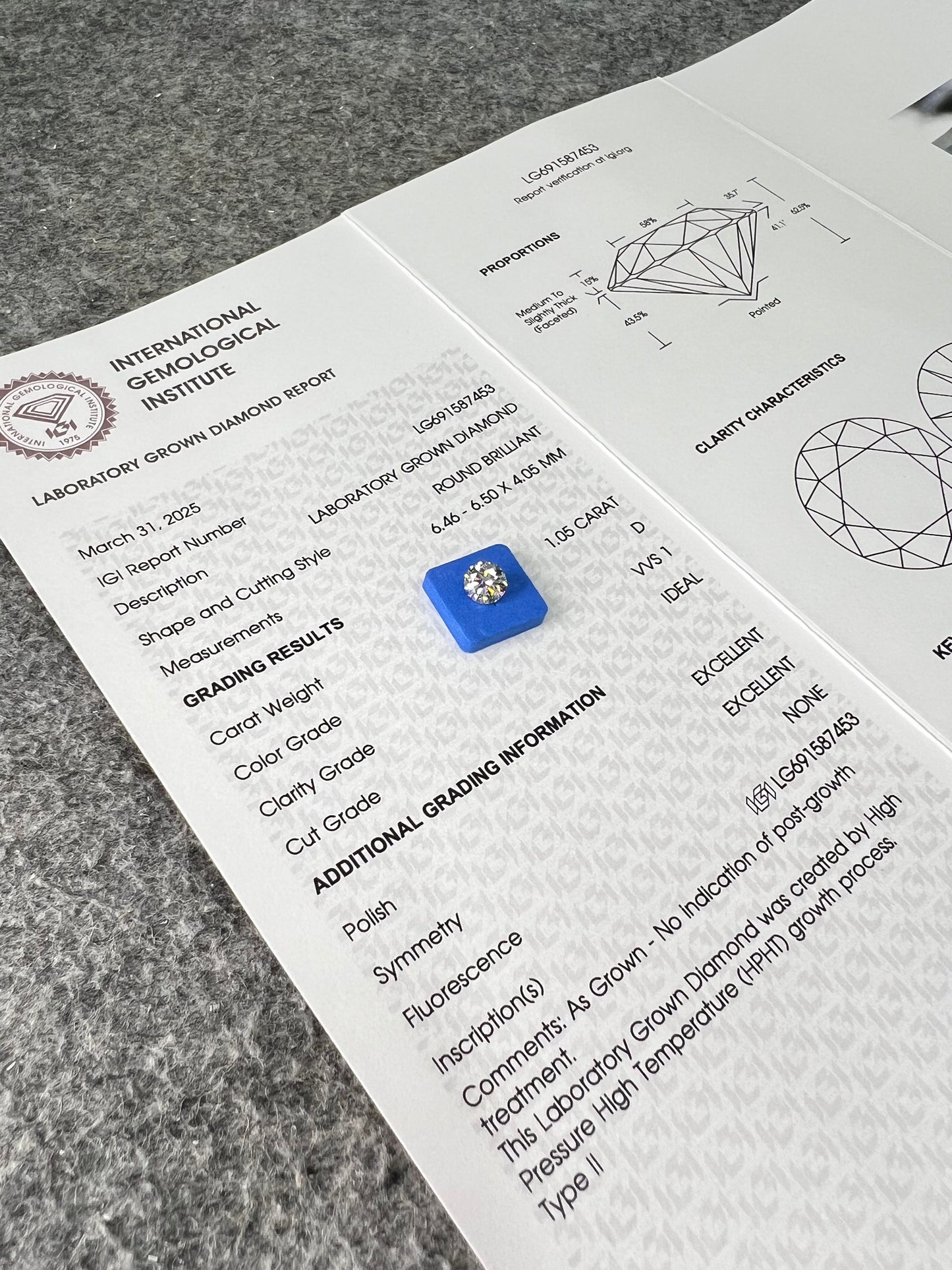Round Brilliant D VVS1 ID EX EX 1.05ct Lab Grown Diamond with IGI Certificate LG691587453