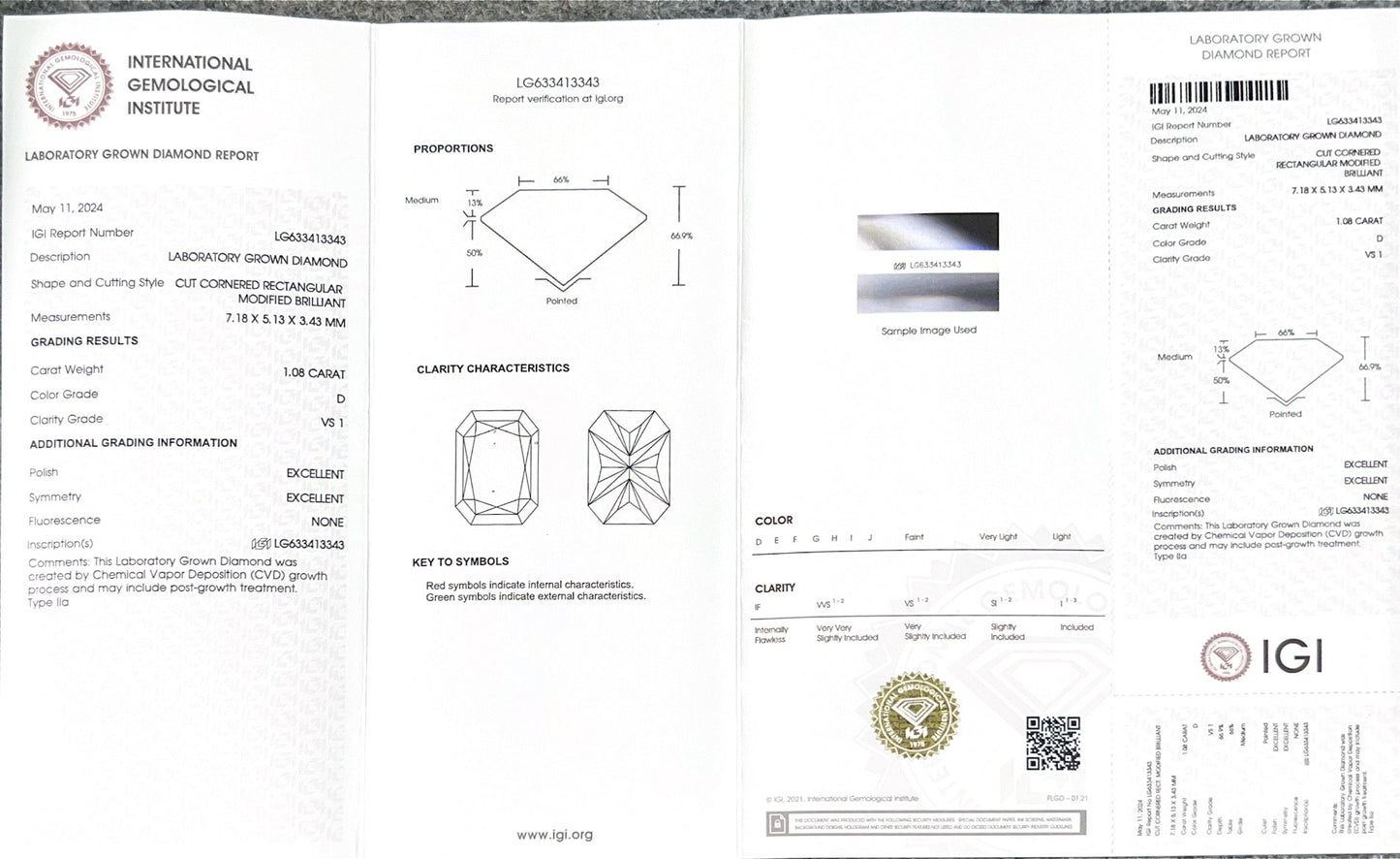 Radiant D VS1 EX EX 1.08ct CVD Lab Grown Diamond with IGI Certificate LG633413343