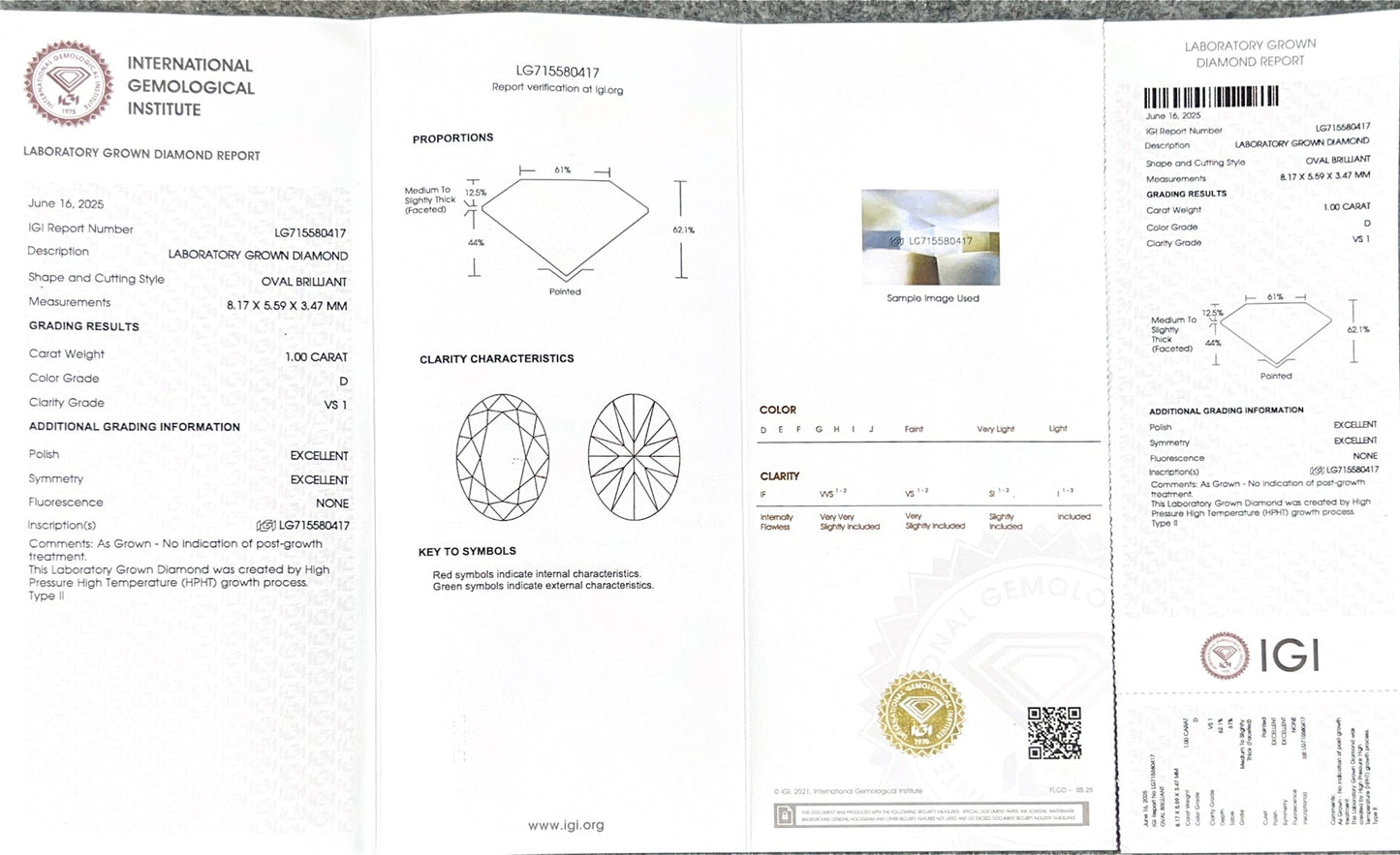 Oval Brilliant D VS1 EX 1ct HPHT Lab Grown Diamond with IGI Certificate LG715580417