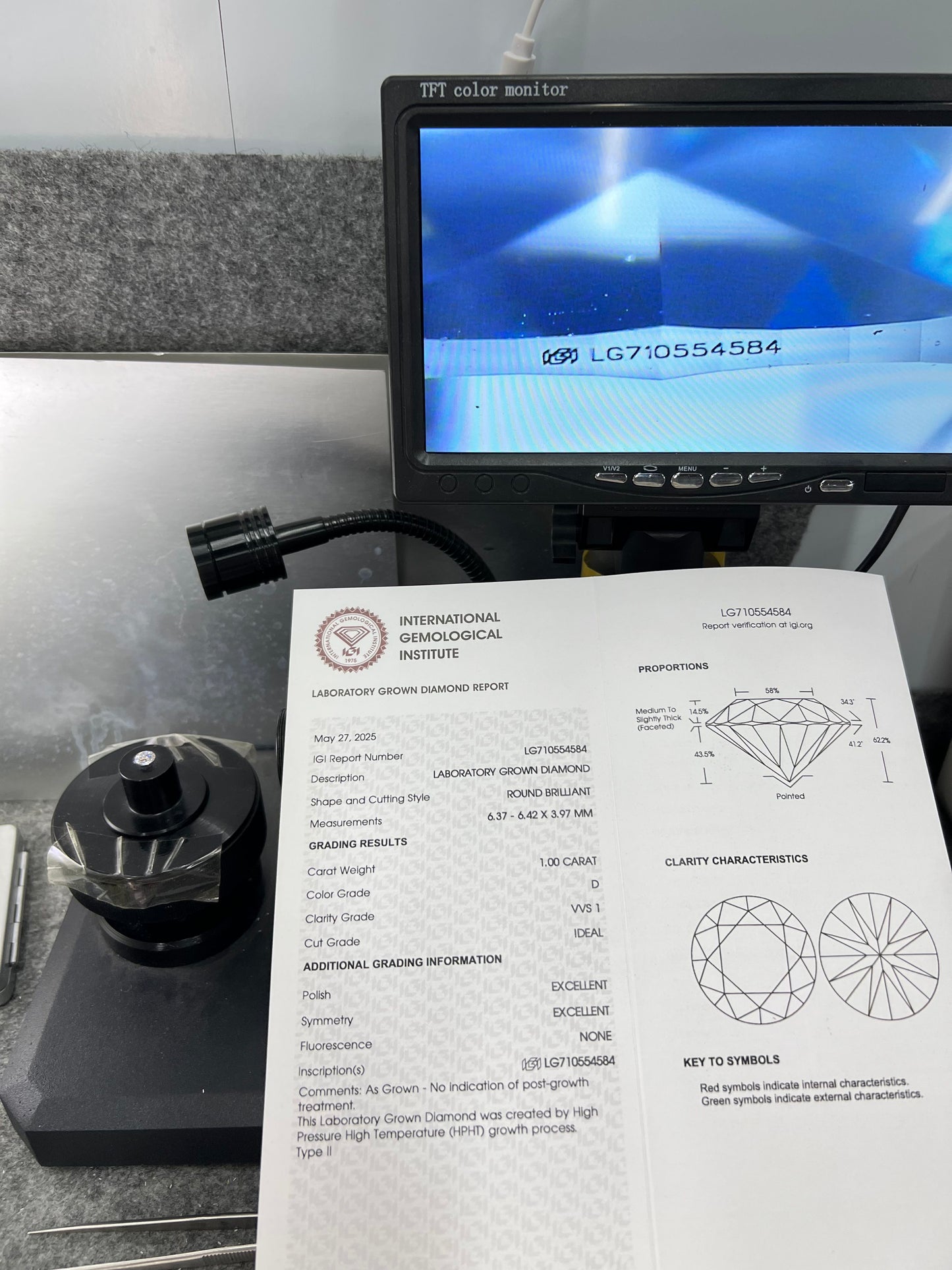Round Cut 1 CT D VVS1 ID EX EX Lab Grown Diamond HPHT IGI Certificate  LG710554584