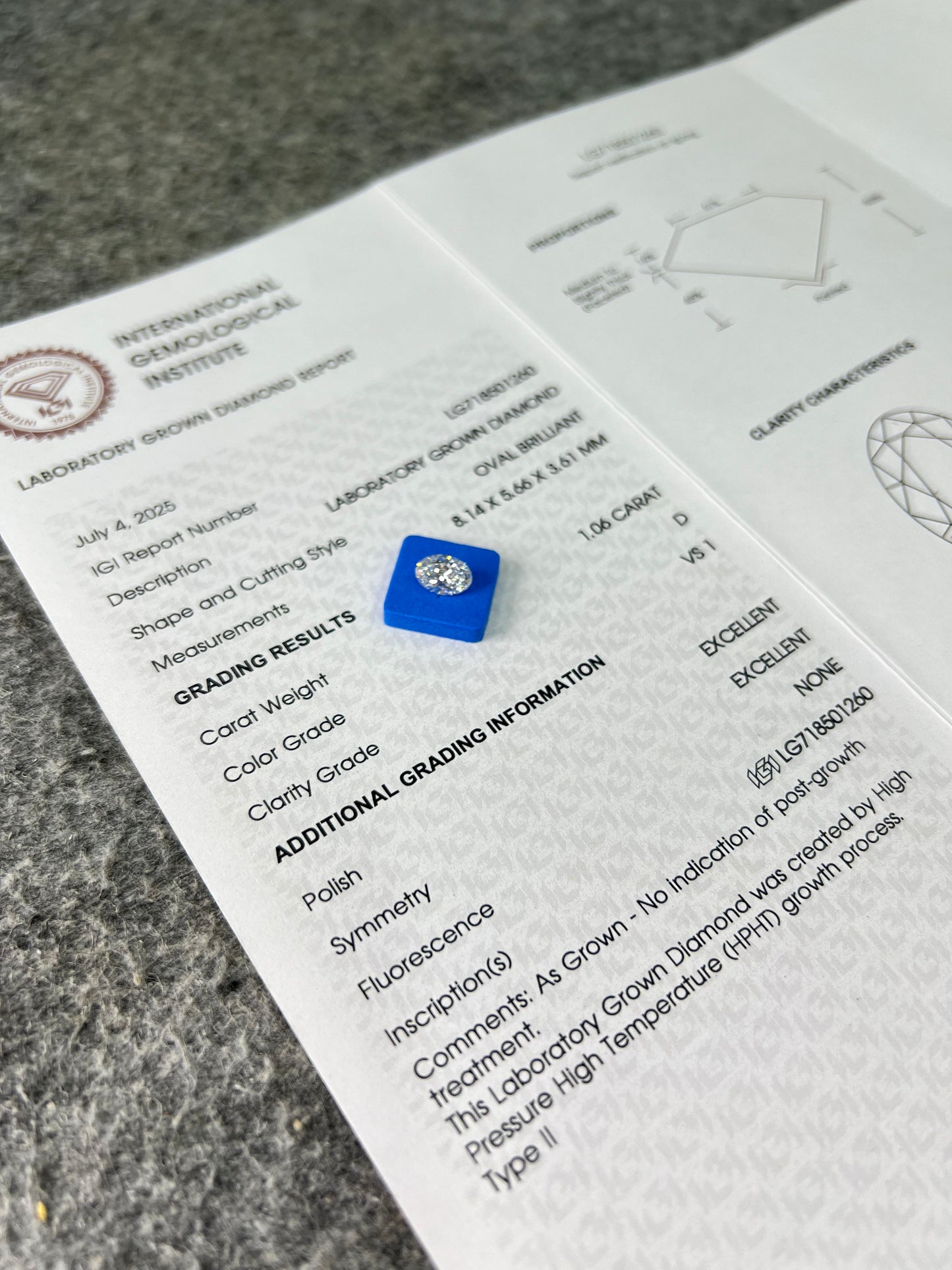 Oval Cut 1.06ct D VS1 HPHT Diamond Lab Grown Diamond IGI Certificate LG718501260