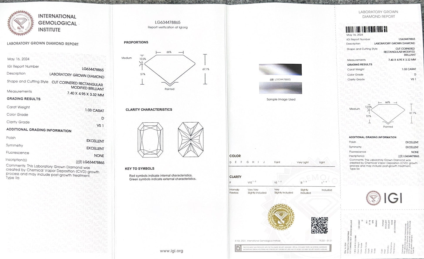 Radiant D VS1 EX EX 1.03ct CVD Lab Grown Diamond with IGI Certificate LG634478865