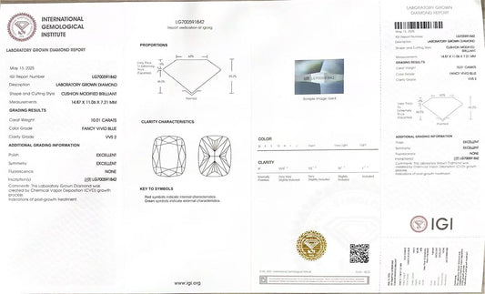 Cushion Cut 10.01ct Fancy Vivid Blue VVS2 CVD Lab Grown Diamond IGI Certificate LG 700591842