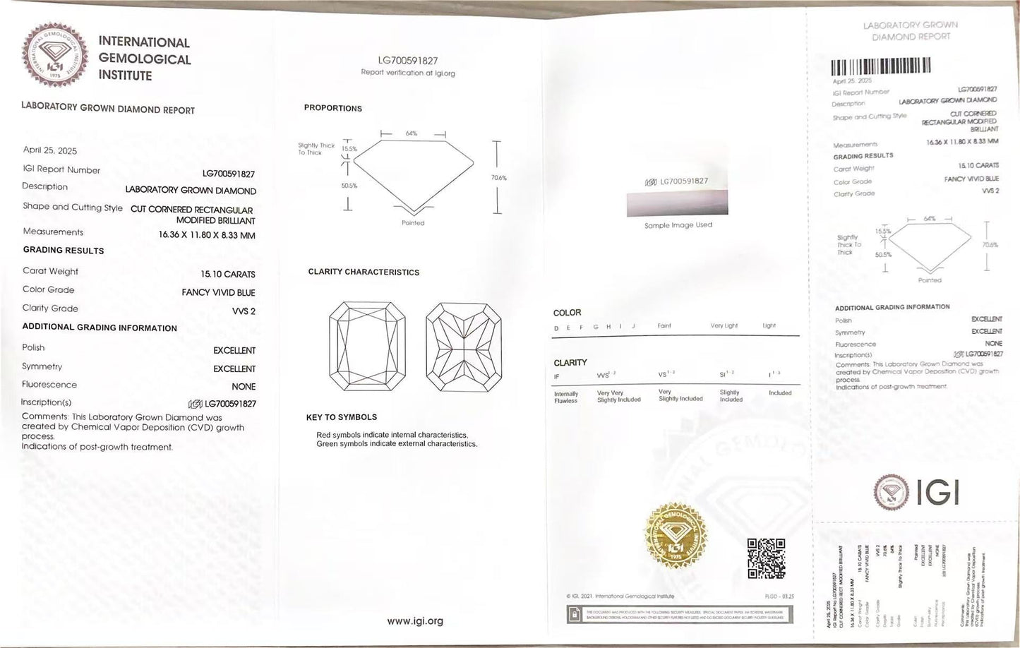 Radiant Cut 15.1ct Fancy Vivid Blue VVS2 CVD Lab Grown Diamond IGI Certificate LG700591827