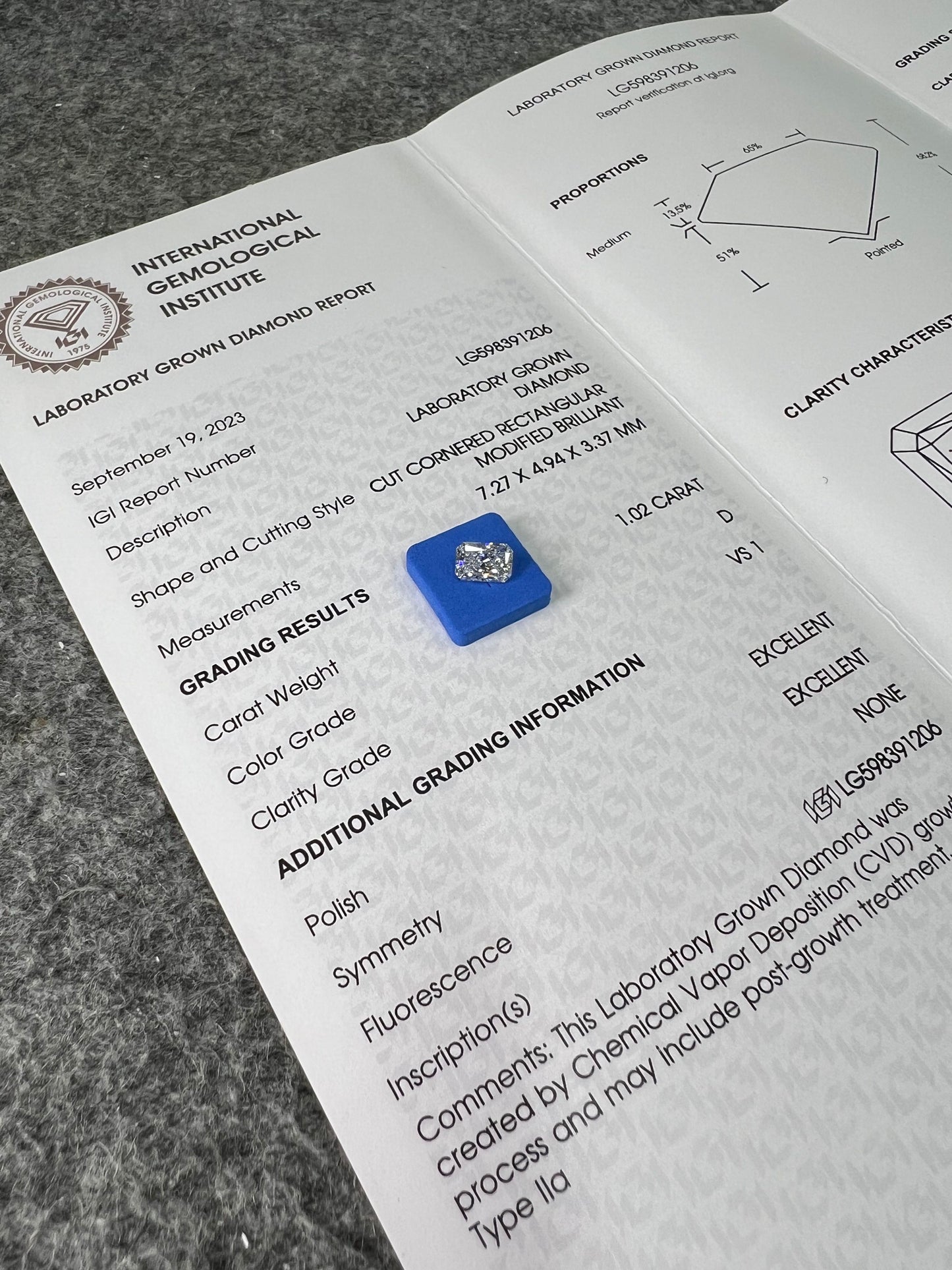 Radiant D VS1 EX EX 1.02ct CVD Lab Grown Diamond with IGI Certificate LG598391206