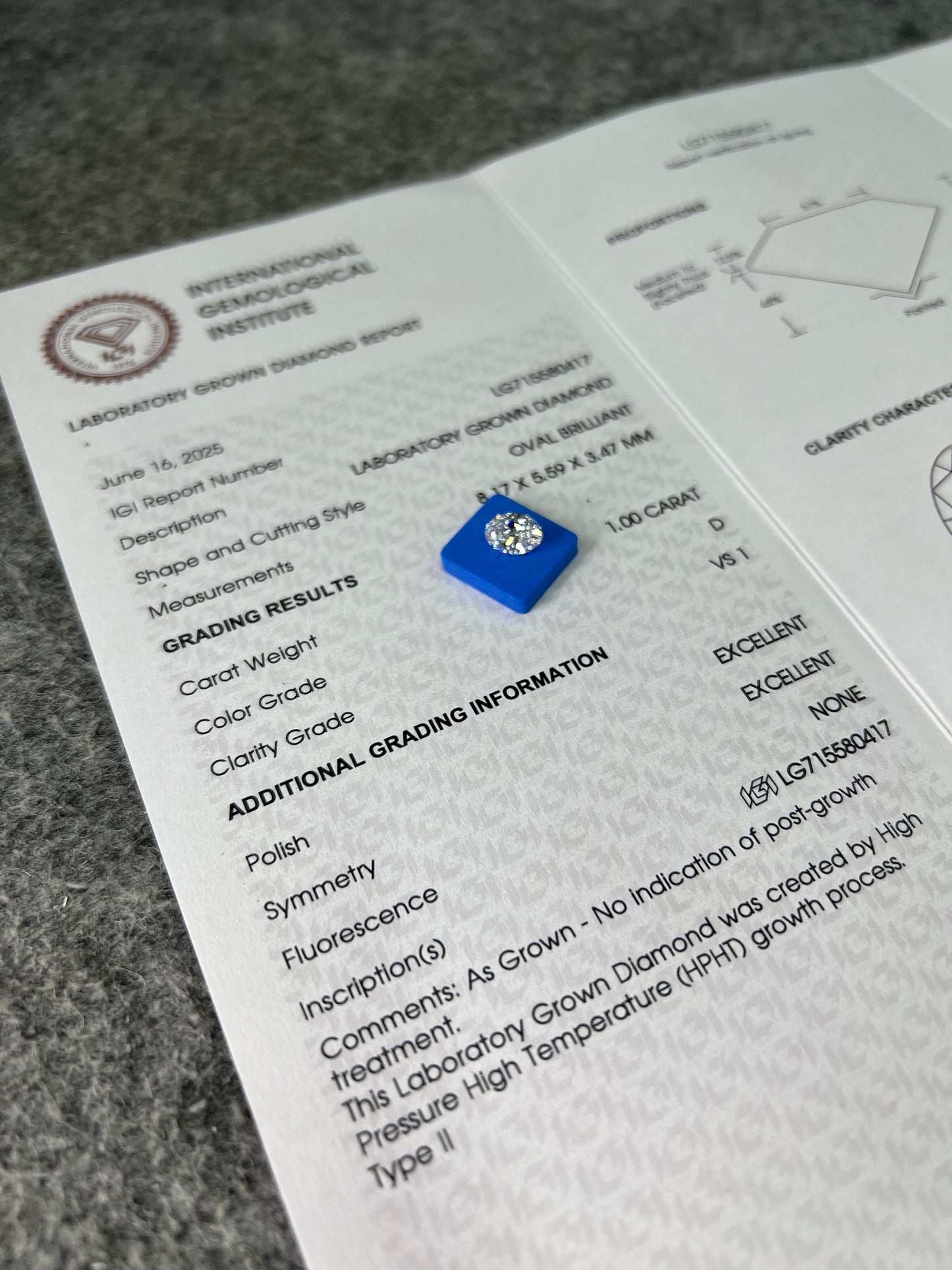 Oval Brilliant D VS1 EX 1ct HPHT Lab Grown Diamond with IGI Certificate LG715580417