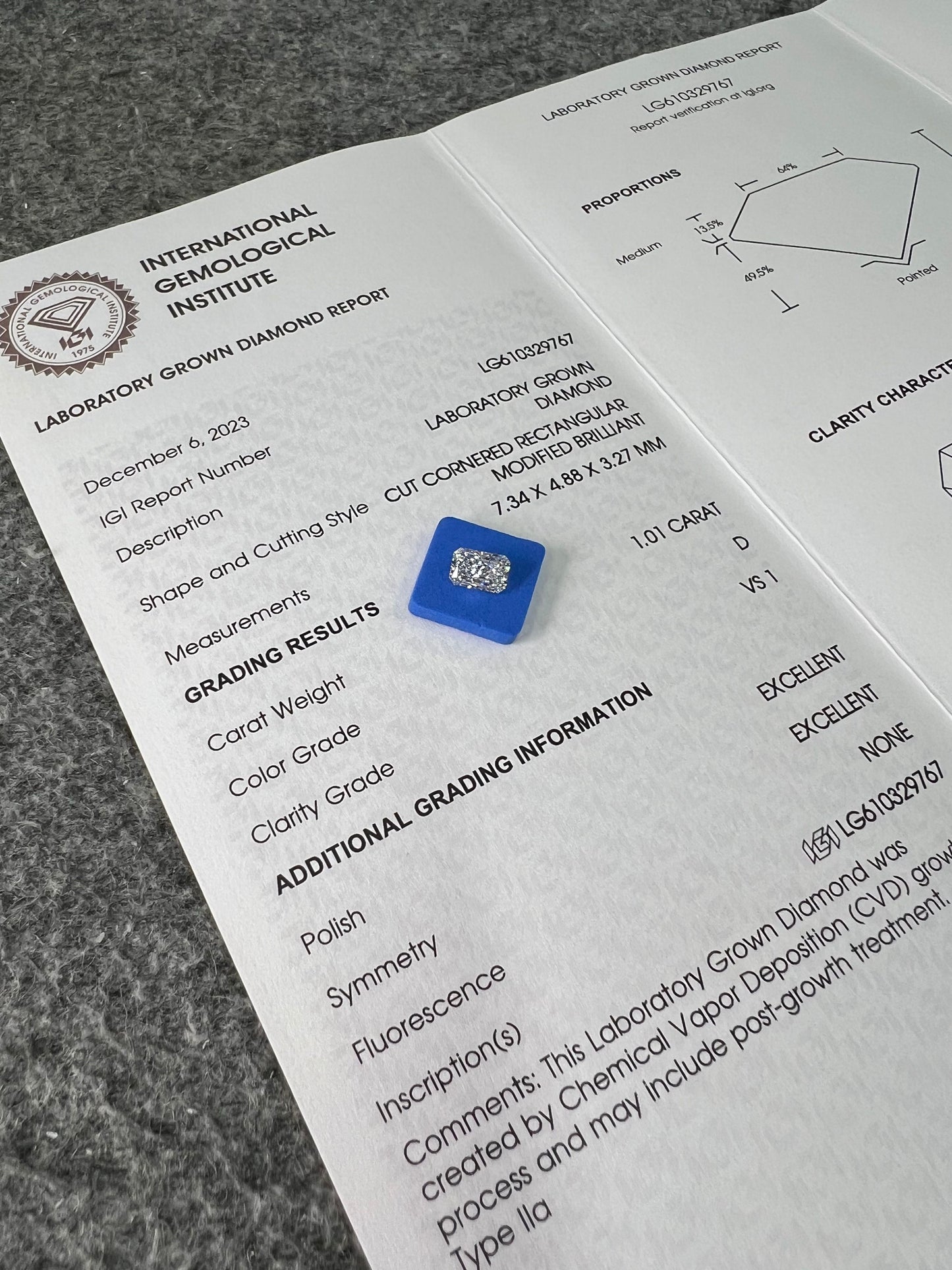 Radiant D VS1 EX EX 1.01ct CVD Lab Grown Diamond with IGI Certificate LG 610329767