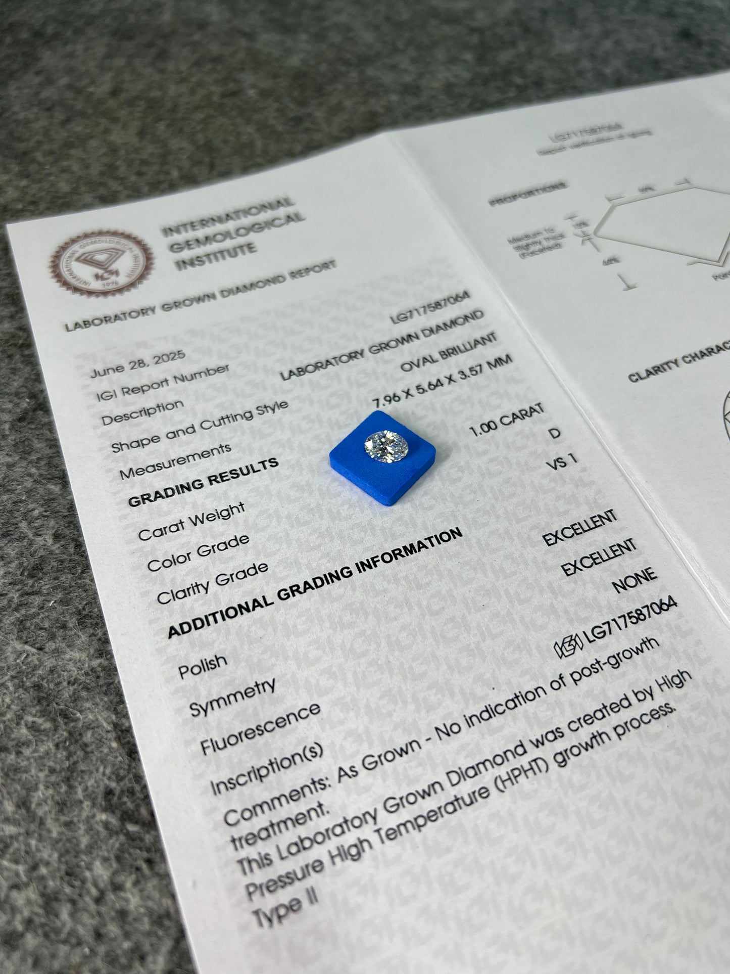 Oval Brilliant D VS1 EX 1ct HPHT Lab Grown Diamond with IGI Certificate LG717587064