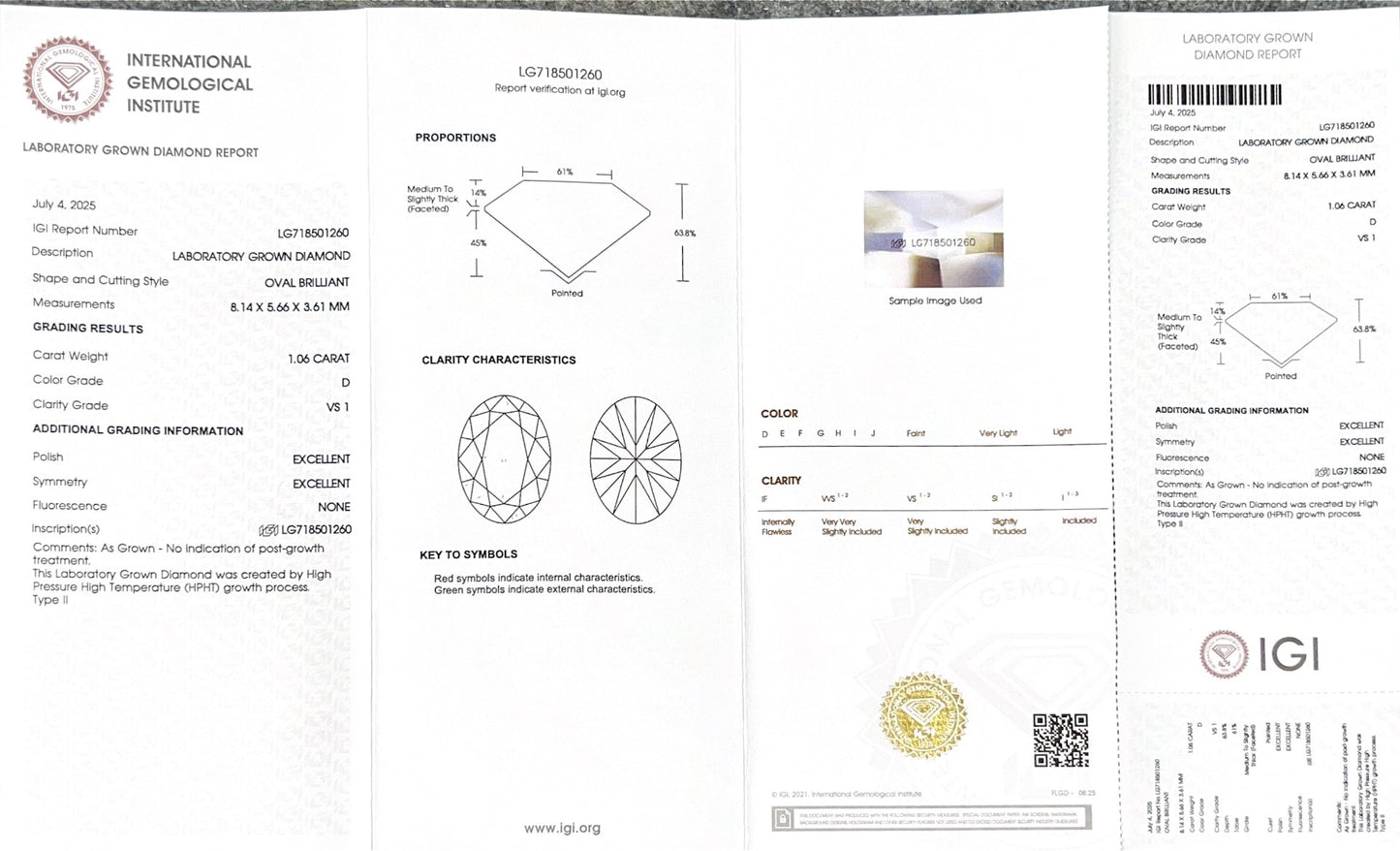 Oval Cut 1.06ct D VS1 HPHT Diamond Lab Grown Diamond IGI Certificate LG718501260
