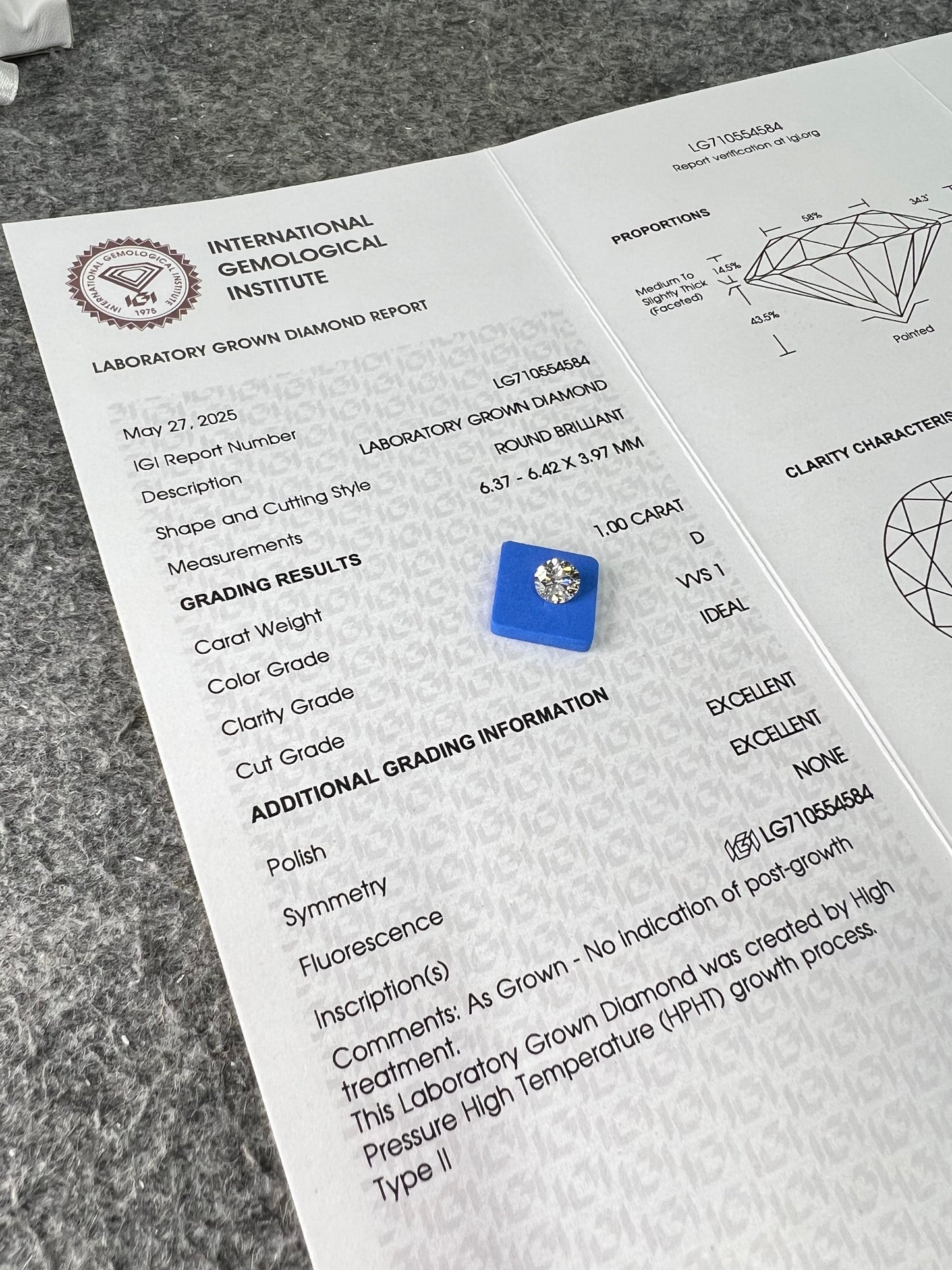 Round Cut 1 CT D VVS1 ID EX EX Lab Grown Diamond HPHT IGI Certificate  LG710554584