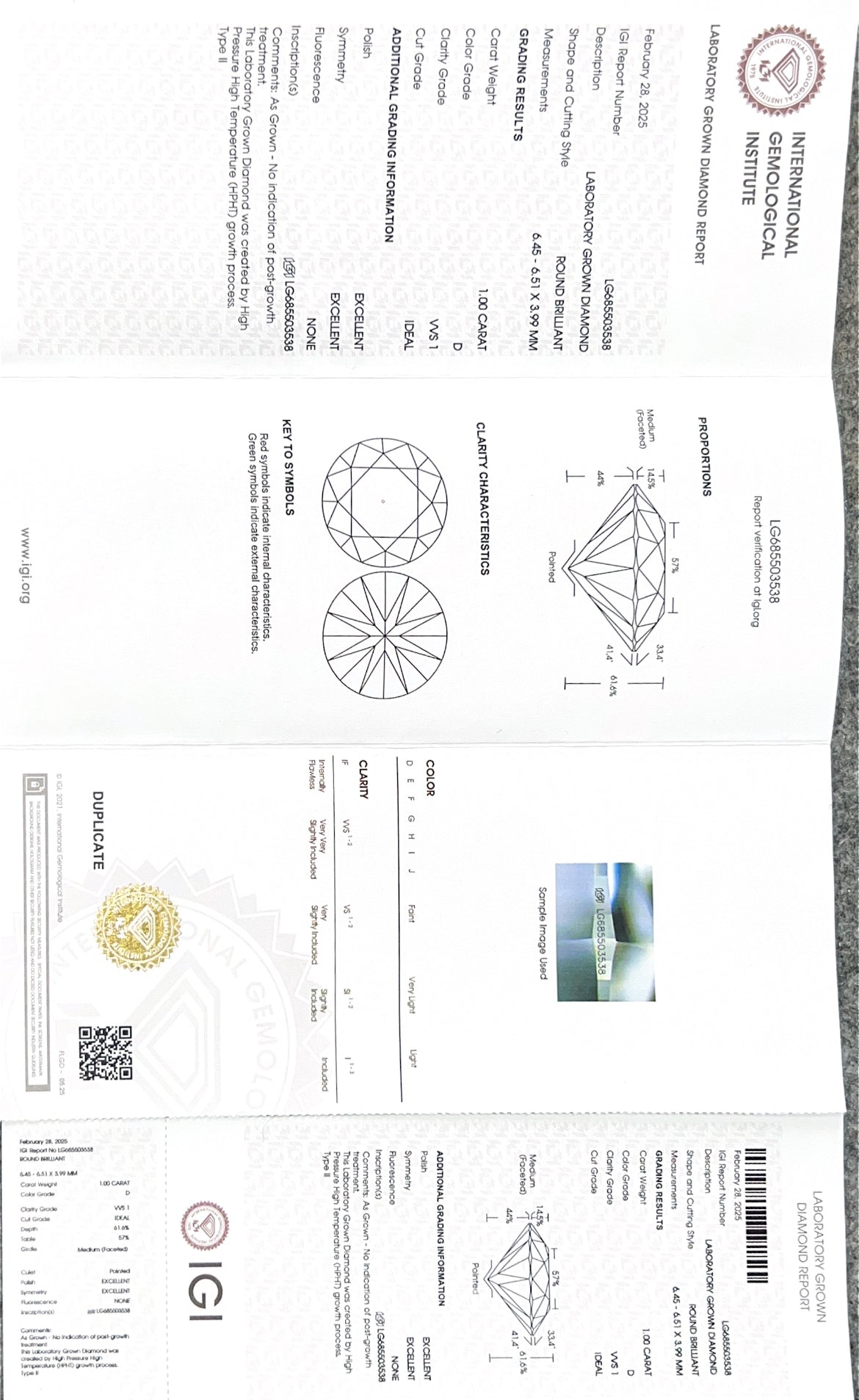 Round Brilliant D VVS1 ID EX EX 1ct Lab Grown Diamond with IGI Certificate LG685503538 HPHT