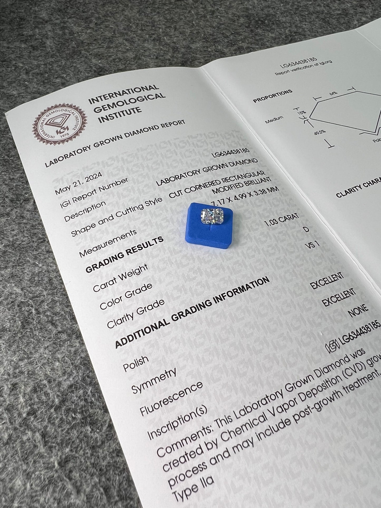 Radiant D VS1 EX EX 1.03ct CVD Lab Grown Diamond with IGI Certificate LG634438185