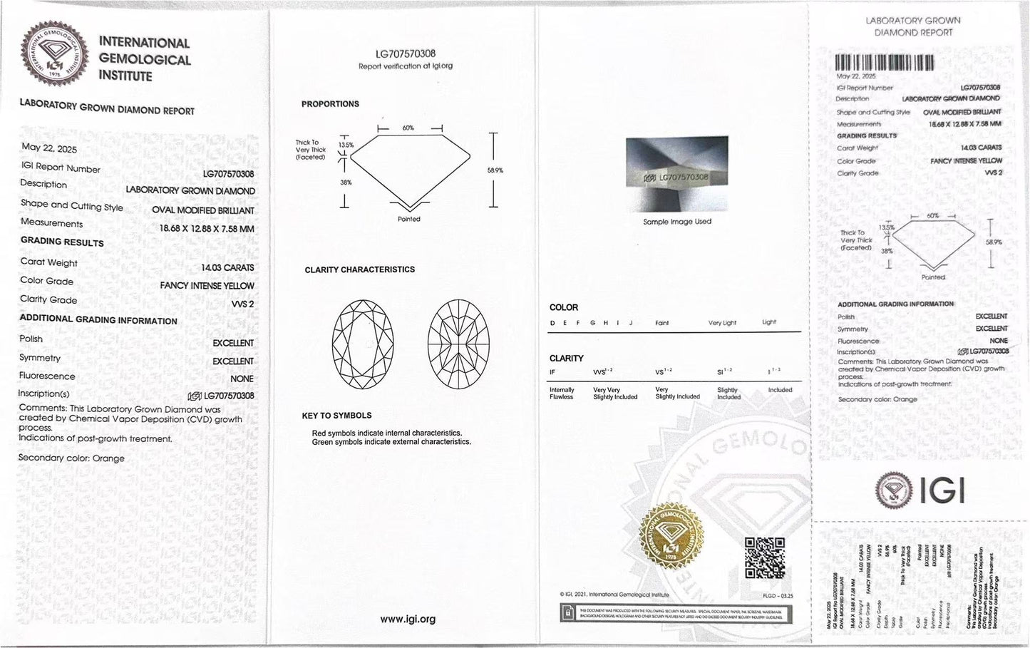 Oval Cut 14.03ct Fancy Intense Yellow VVS2 CVD Lab Grown Diamond IGI Certificate LG707570308