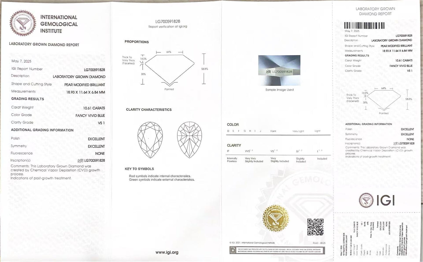 Pear Cut 10.61ct Fancy Vivid Blue VS1 CVD Lab Grown Diamond IGI Certificate LG 700591828