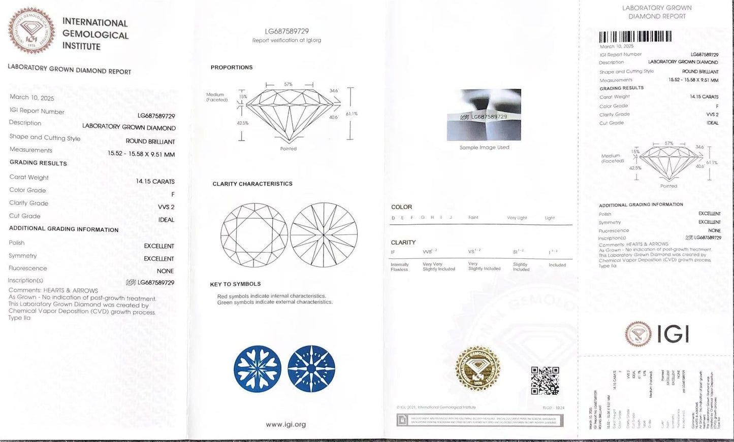 Round Cut 14.15ct F VVS2 CVD Lab Grown Diamond IGI Certificate LG687589729