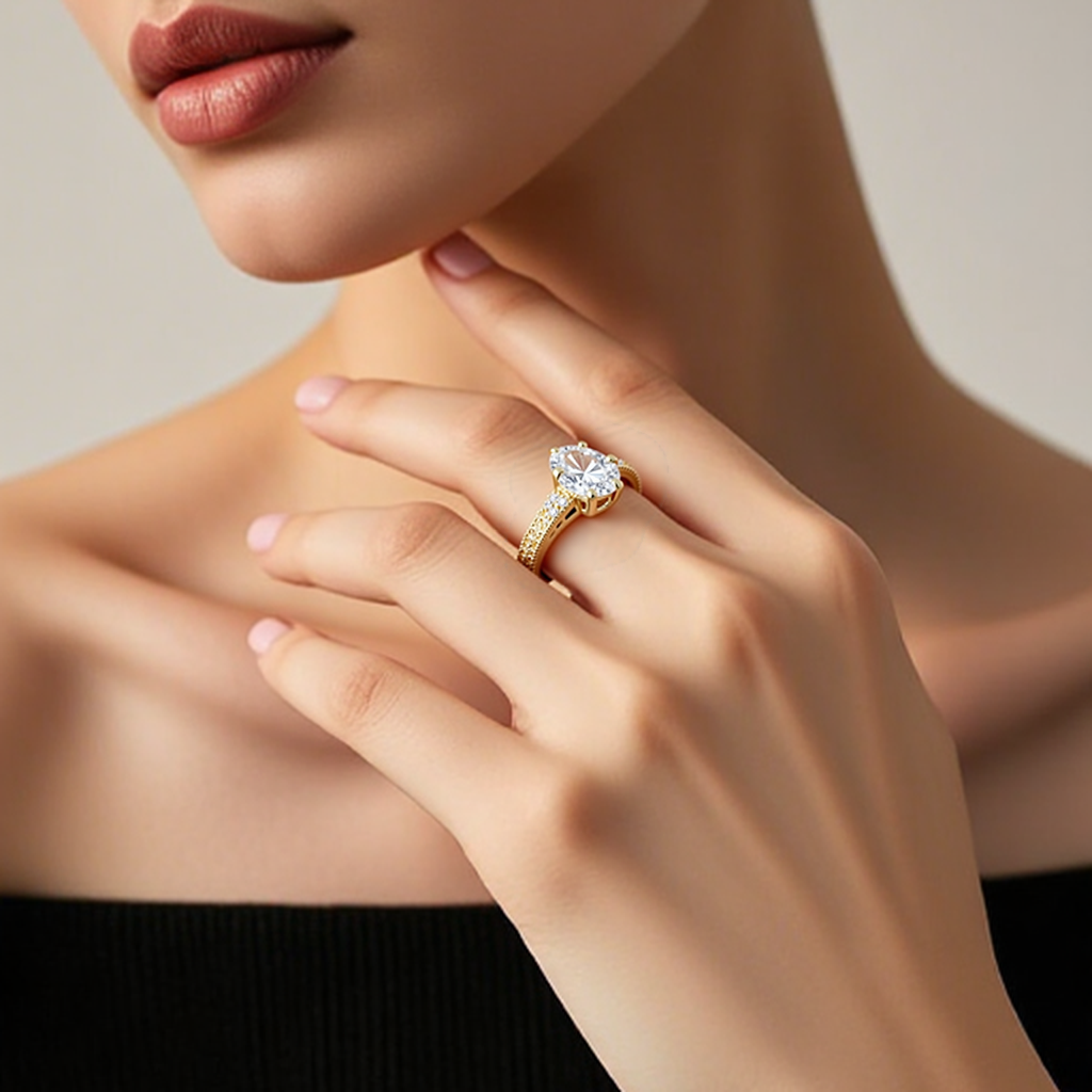 Eco-1902: Golden Bloom – Anillo vintage con diamantes ovalados cultivados en laboratorio en oro amarillo de 18 quilates 