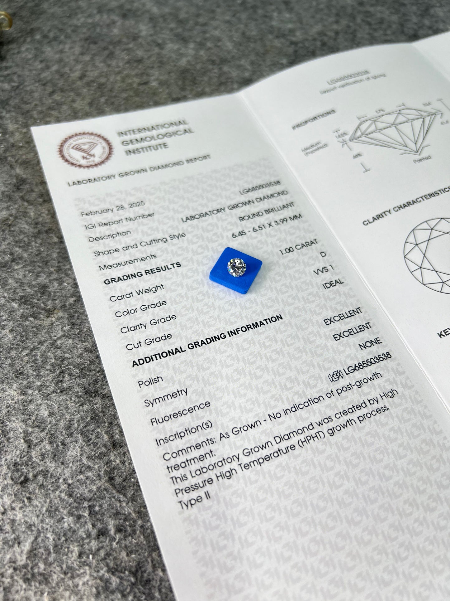 Round Brilliant D VVS1 ID EX EX 1ct Lab Grown Diamond with IGI Certificate LG685503538 HPHT