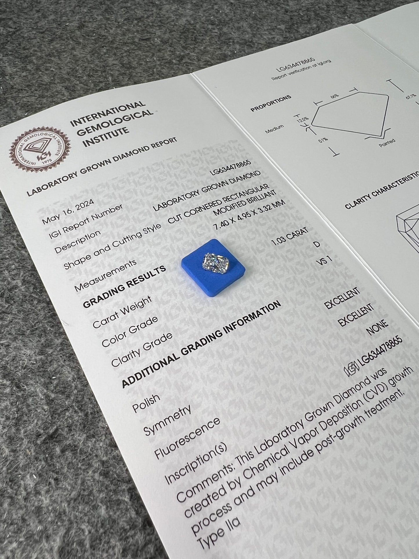 Radiant D VS1 EX EX 1.03ct CVD Lab Grown Diamond with IGI Certificate LG634478865