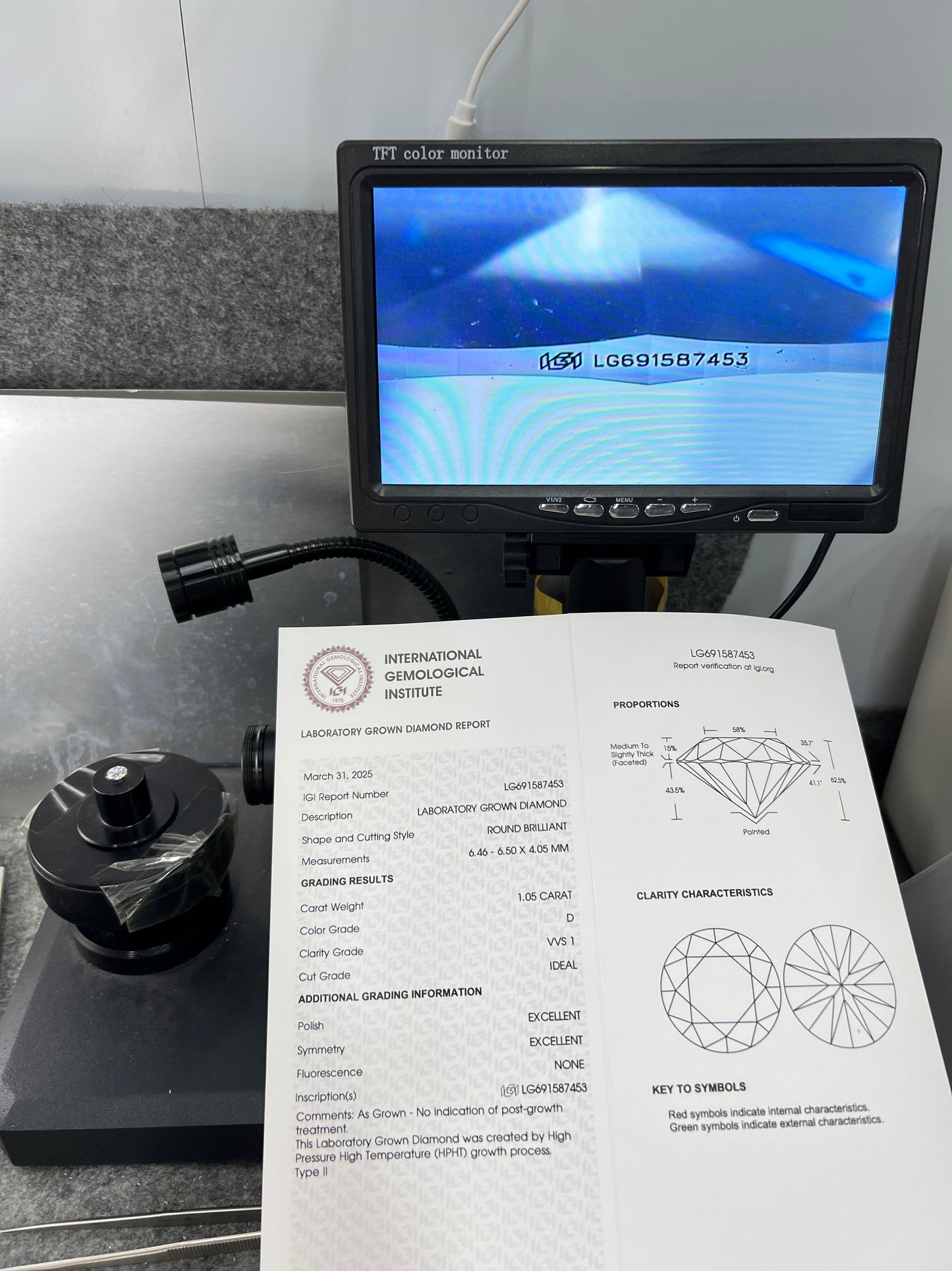 Round Brilliant D VVS1 ID EX EX 1.05ct Lab Grown Diamond with IGI Certificate LG691587453