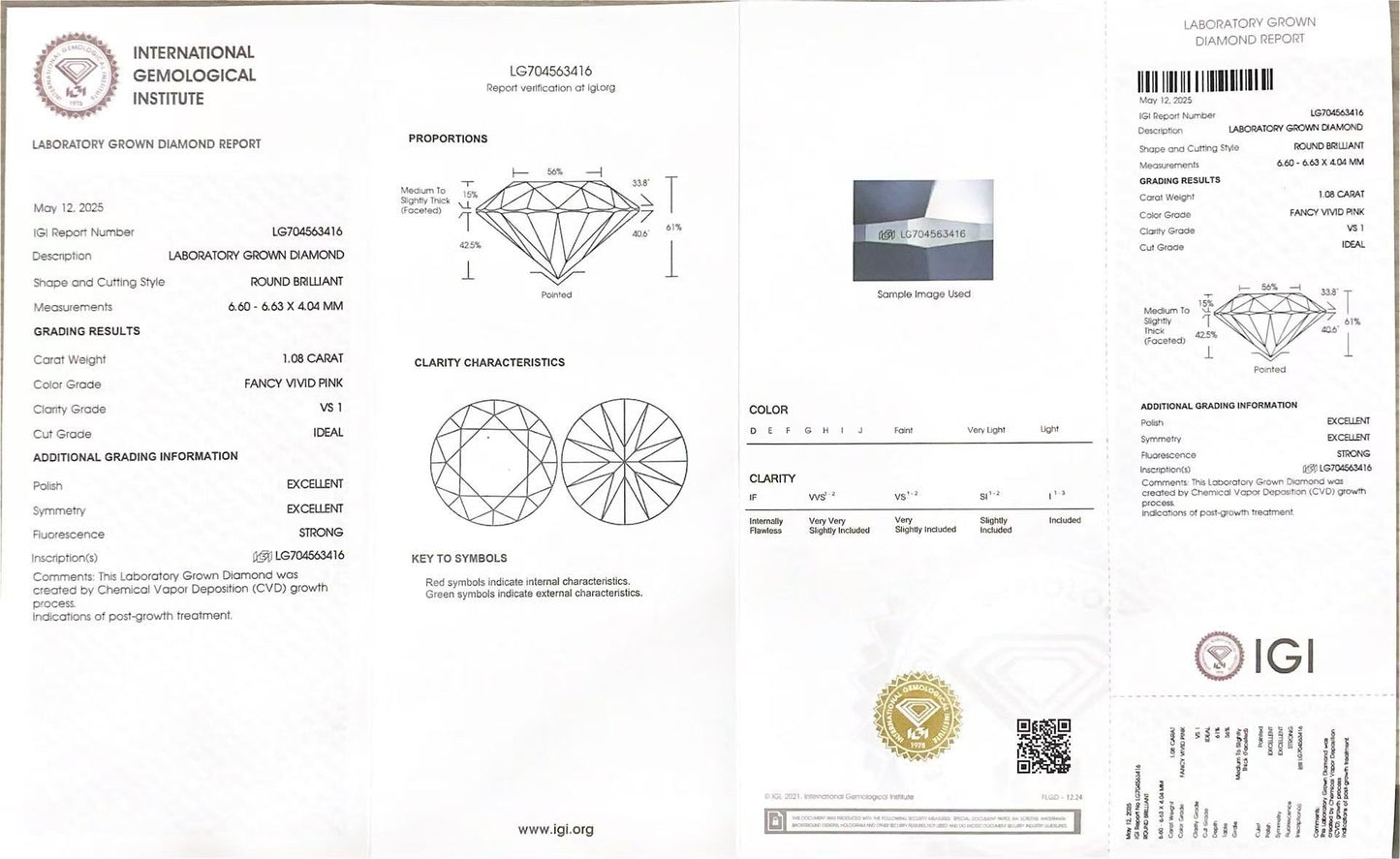 Round Shape Fancy Vivid Pink VS1 ID EX EX 1ct Lab Grown Diamond with IGI Certificate  LG704563416CVD