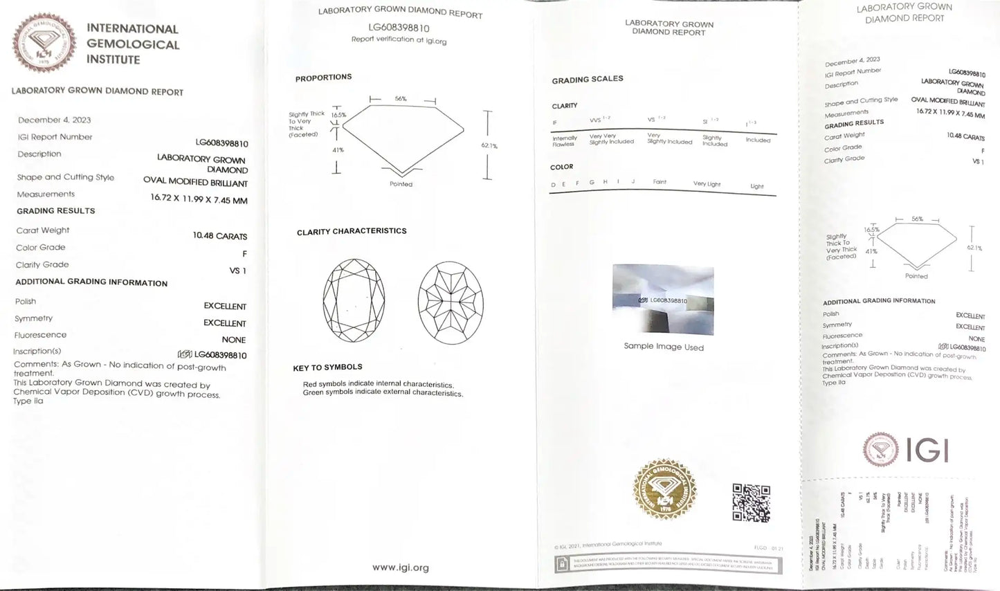 Oval Brilliant F VS1 EX 10.48ct CVD Lab Grown Diamond with IGI Certificate LG608398810